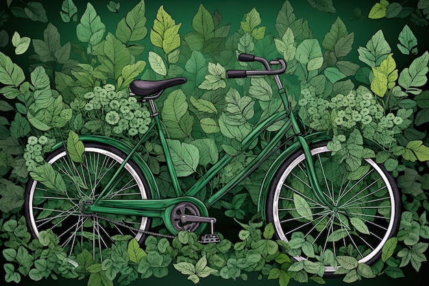 Green bike enveloped by lush leaves intricately detailed Generative AI