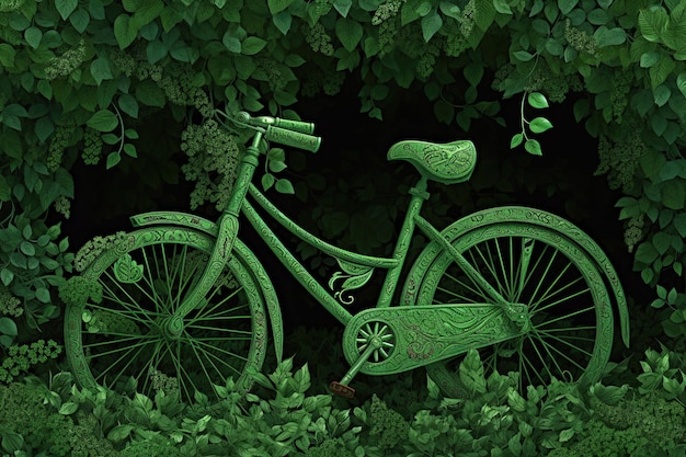 Green bike enveloped by lush leaves intricately detailed Generative AI