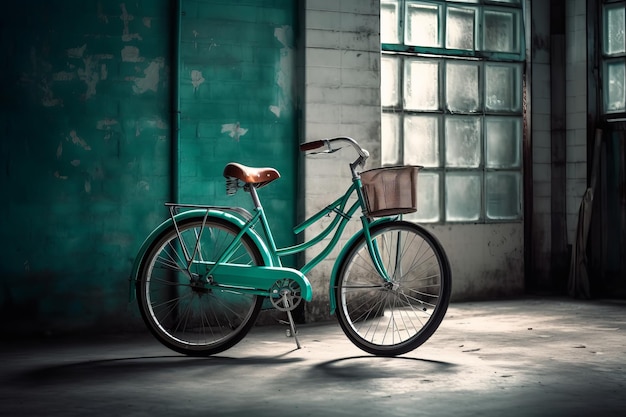 A green bike is parked in front of a green wall.