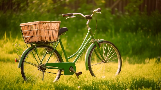 A green bike with a basket on the front sits in a field.