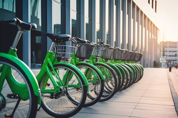 写真 建物の外に緑色の自転車がずらっと並んでいる。