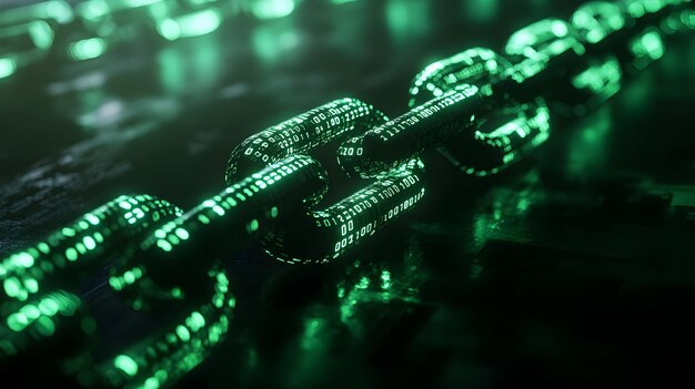 green binary code displayed on blockchain chain links depicting secure and data generative ai