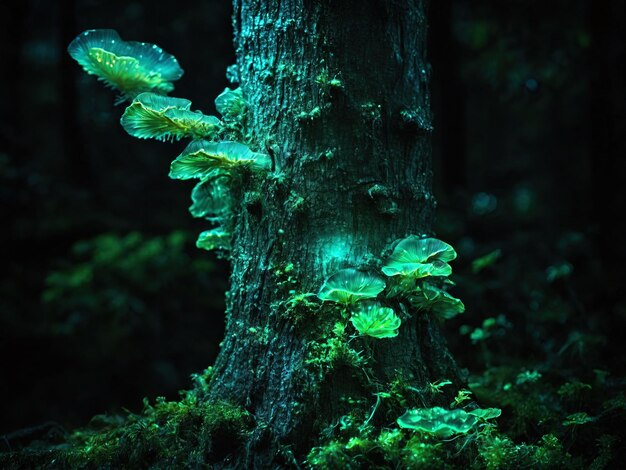 森の木の緑色の生物発光菌