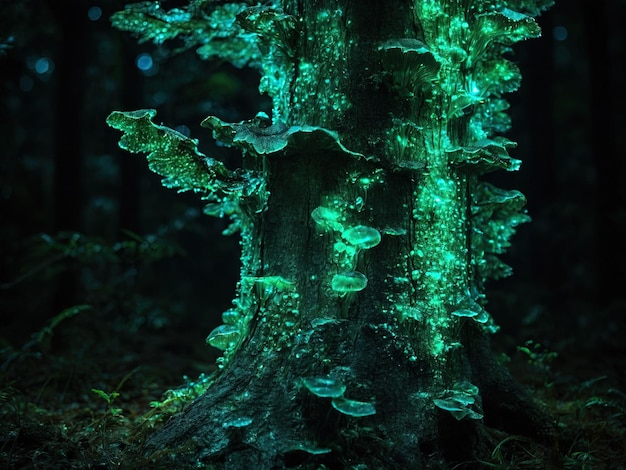 Green bioluminescent fungus on tree in forest