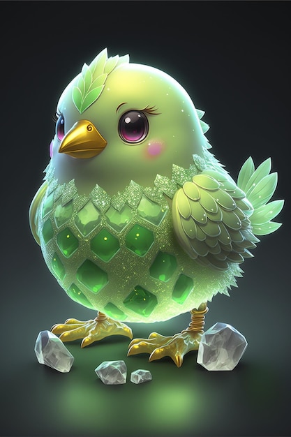 Green bird sitting on top of a pile of rocks generative ai