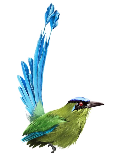 A green bird with blue feathers and a red eye is shown.