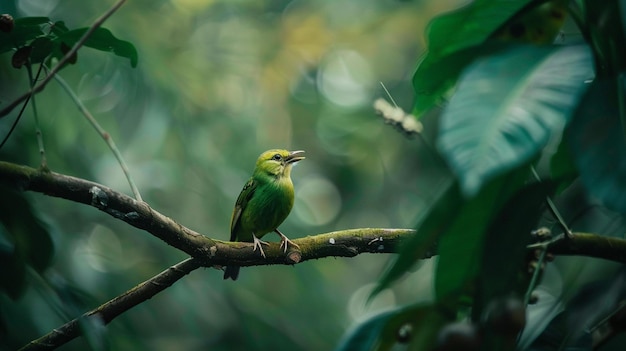 긴 수염 을 가진 초록색 새 가 나가지 에 앉아 있다