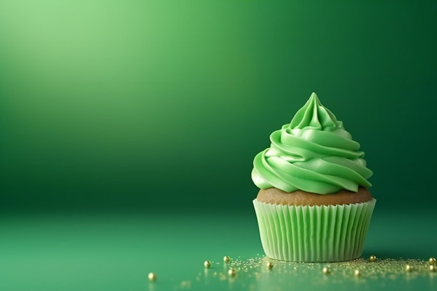 Green birthday cupcake with copy space to side generative AI