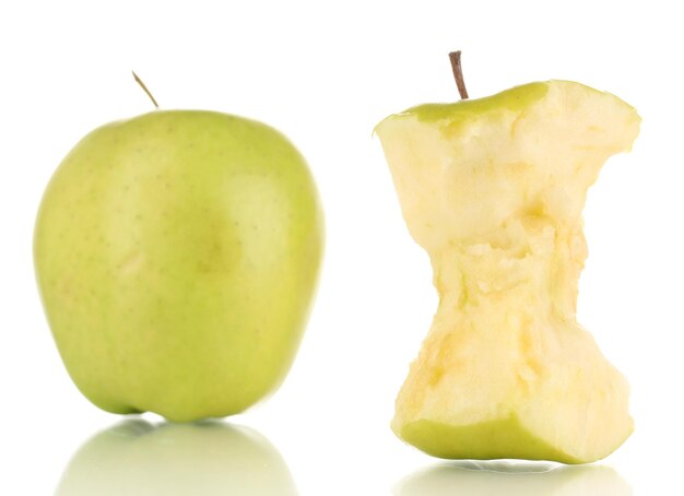 Green bitten apple and whole apple isolated on white