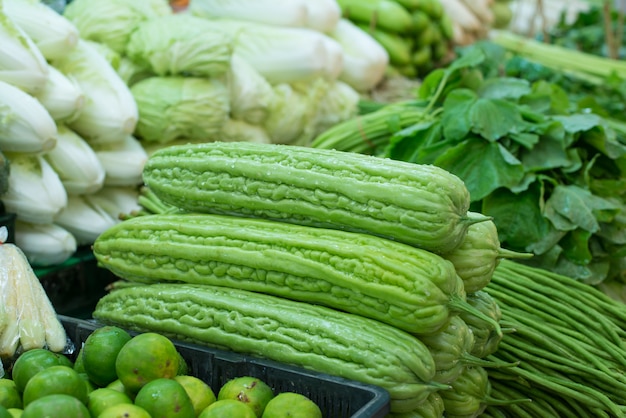 Green bitter gourd in market.