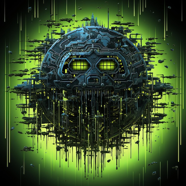 A green and black alien spaceship with a skull on it