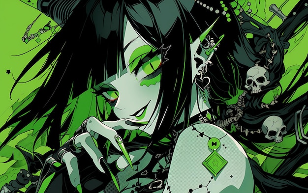 a green and black anime character with a green background