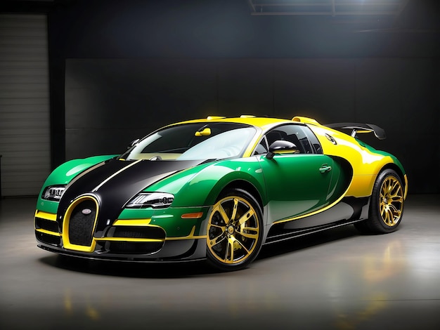 A green and black Bugatti Veyron with a black and yellow paint AI generated