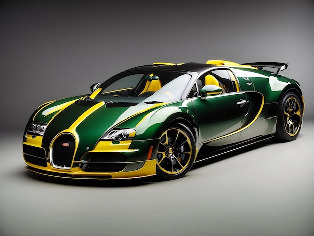 A green and black Bugatti Veyron with a black and yellow paint