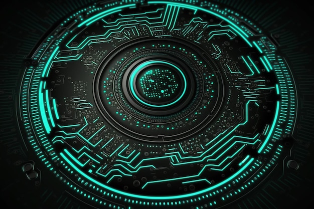 A green and black circle with a circuit board in the center.