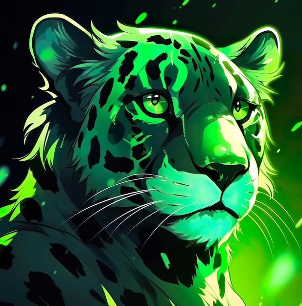 A green and black leopard with a green background illustration Painting