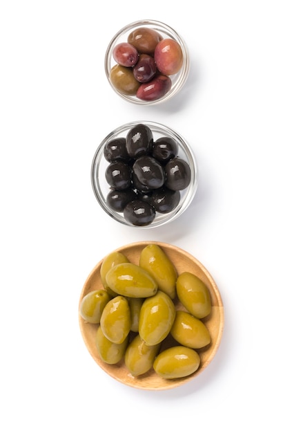 The green and black olives isolated on white background.