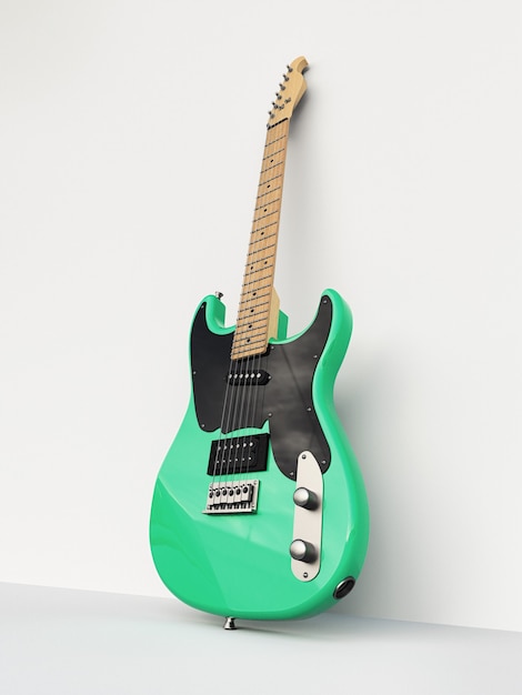 Chitarra elettrica a sei corde verde e nera su sfondo bianco, appoggiata al muro. rendering 3d.