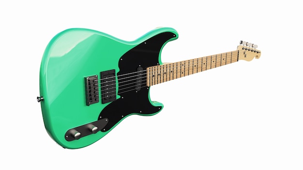 Green and black six-string electric guitar on a white isolated background. 3d rendering.