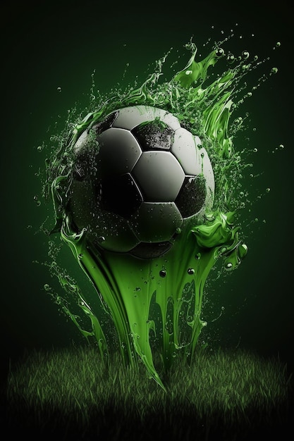 A green and black soccer ball is being splashed by a green liquid.
