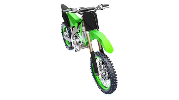 Bici sportiva verde e nera per cross-country su sfondo bianco. sportbike da corsa. moderna supercross motocross dirt bike. rendering 3d.