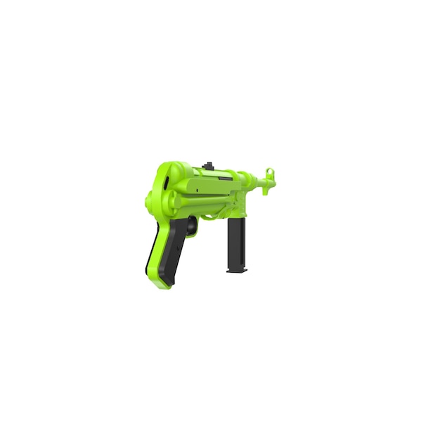 녹색 손잡이와 측면에 "놀이"라는 단어가 있는 녹색 및 검은색 장난감 총.