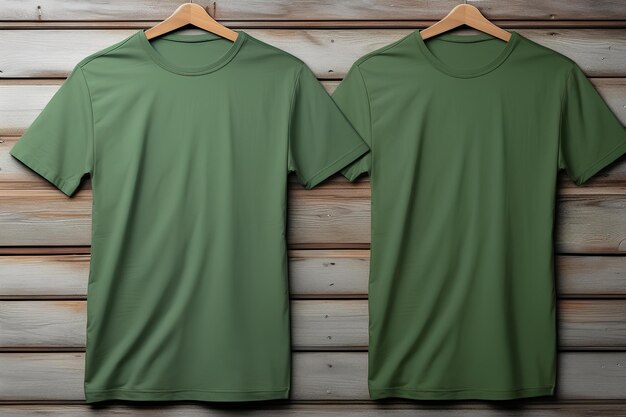 Green blank t shirts hanging on wood background mockup