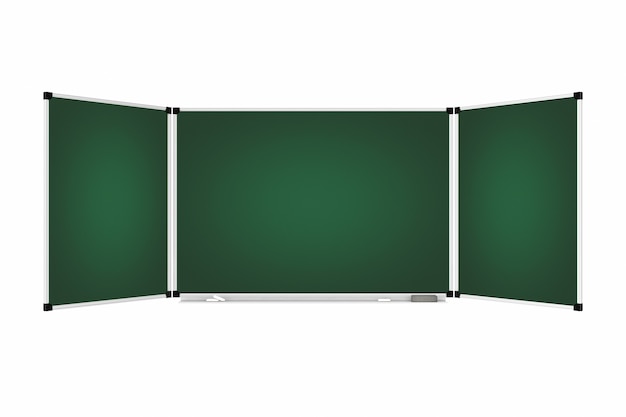 白い背景の上のあなたのデザインのための空きスペースのある緑の空白の3つの部分の黒板または黒板。 3Dレンダリング。
