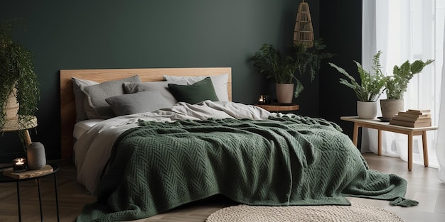 Зеленое одеяло на удобной двуспальной кровати с большим окном в интерьере спальни в скандинавском стиле с видом на лес