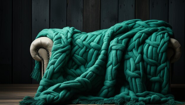 a green blanket with a green stitched on it