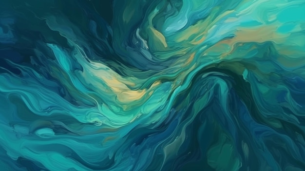 A green and blue abstract painting with a blue background.