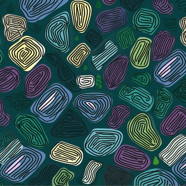 緑と青の背景に、さまざまな色の石のパターン。
