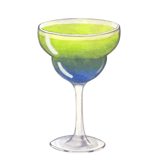 Green blue beach tropical alcohol cocktail Mojito drink Handdrawn watercolor illustration on white background Design element