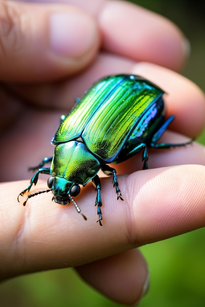 a green and blue beetle sitting on a persons finger