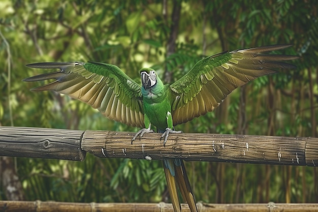 緑と青の鳥がフェンスに座っている