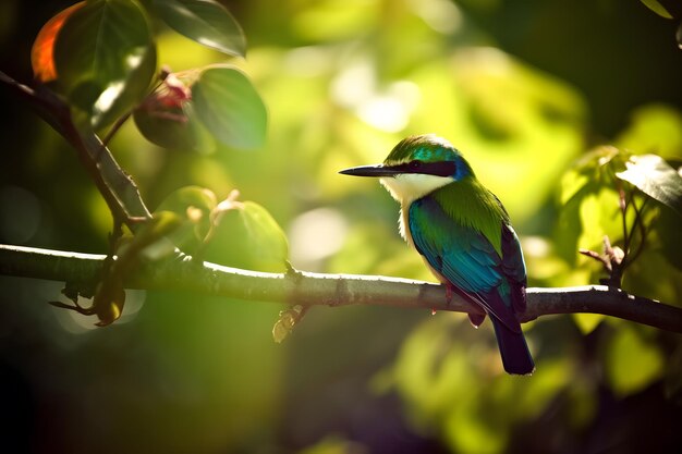 A green and blue bird sits on a branch in the sunlight.