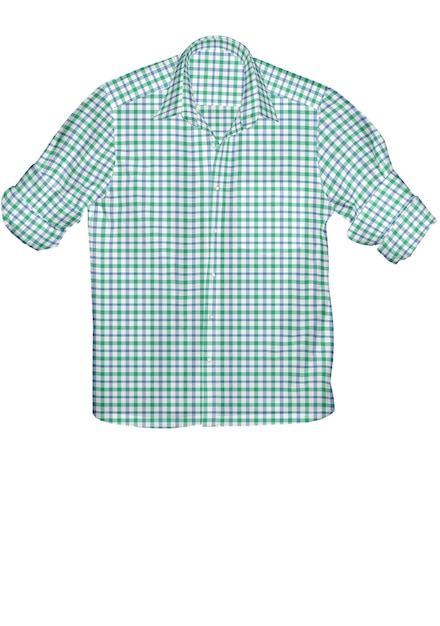 A green and blue checkered shirt with a white background