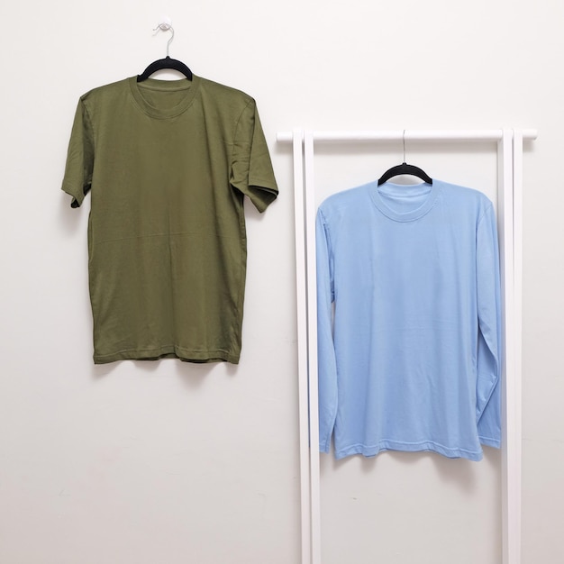 Photo green and blue color two plain tshirts long sleeve and short sleeve