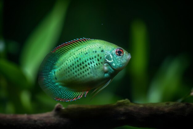 A green and blue fish with red eyes sits on a branch