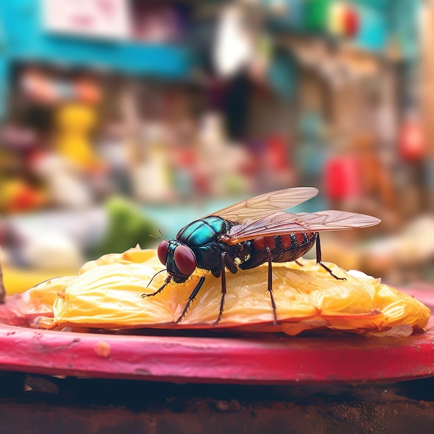 A green and blue fly sits on a piece of food with a sign in the background.