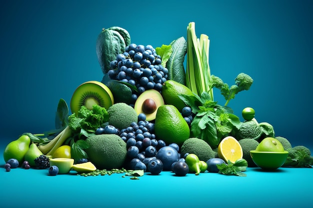 Green and blue fruits and vegetables on a blue background