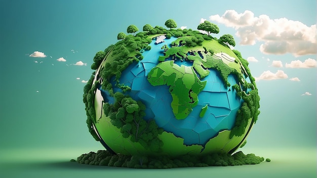 A green and blue globe with trees and a river