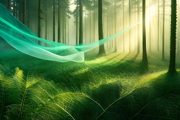 숲 속의 초록색과 파란색 선