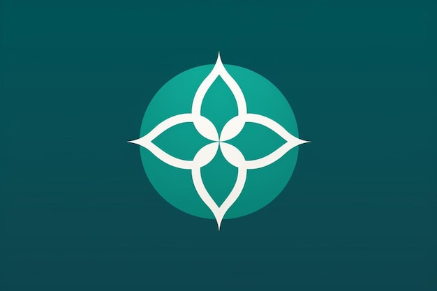 a green and blue logo with a white flower on it.