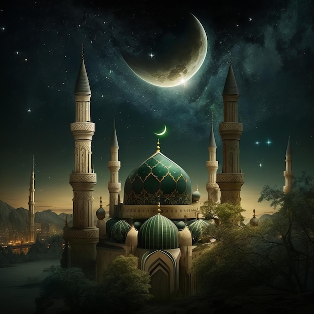 A green and blue mosque with a crescent moon in the background