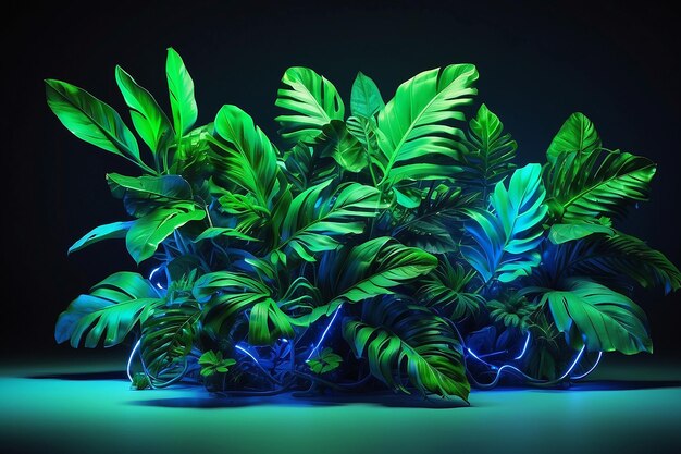 Green and Blue Neon Light with Tropical Leaves