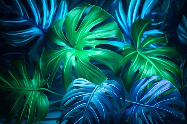 Green and blue neon light with tropical leaves