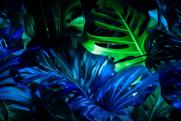 Photo green and blue neon light with tropical leaves