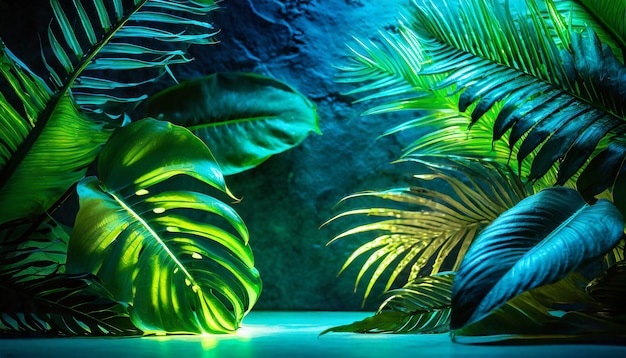 green and Blue Neon Light with Tropical Leaves