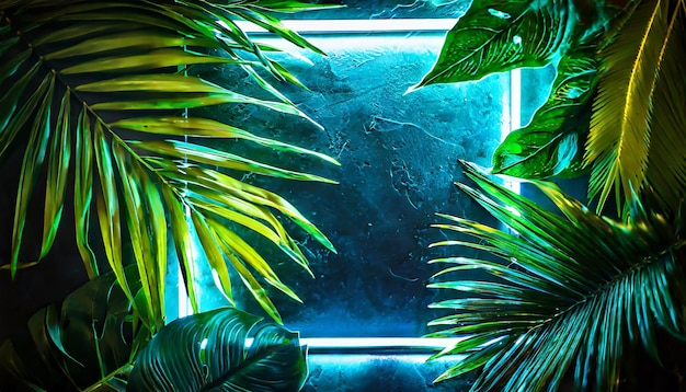 Foto luce al neon verde e blu con foglie tropicali